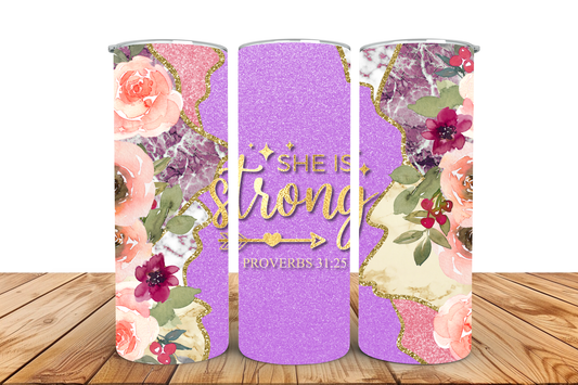 She Is Strong Floral Glitter Tumbler