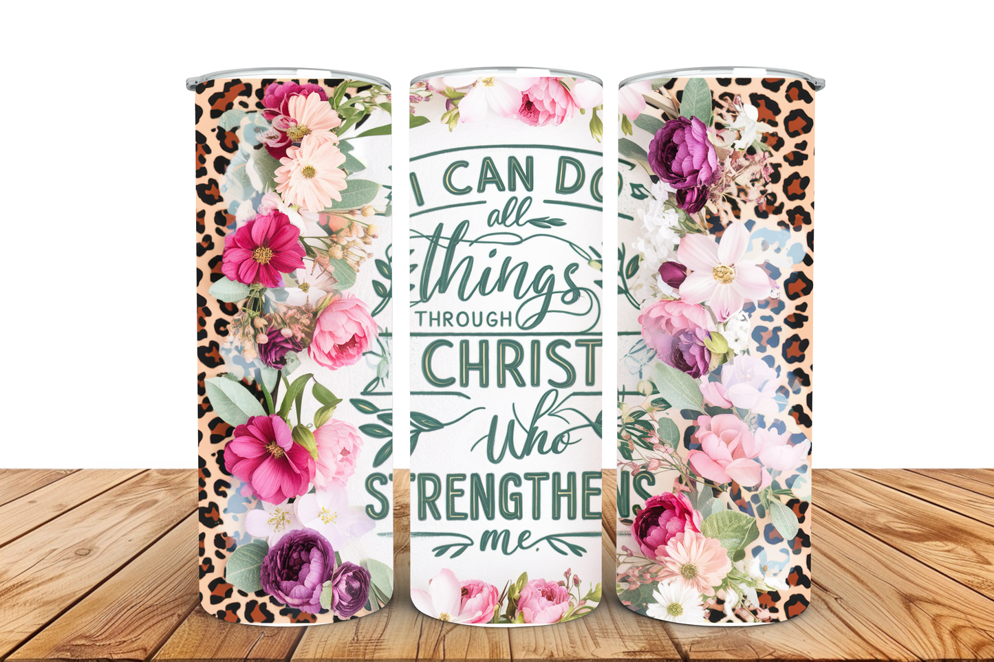 Philippians 4:13 Floral Leopard Tumbler